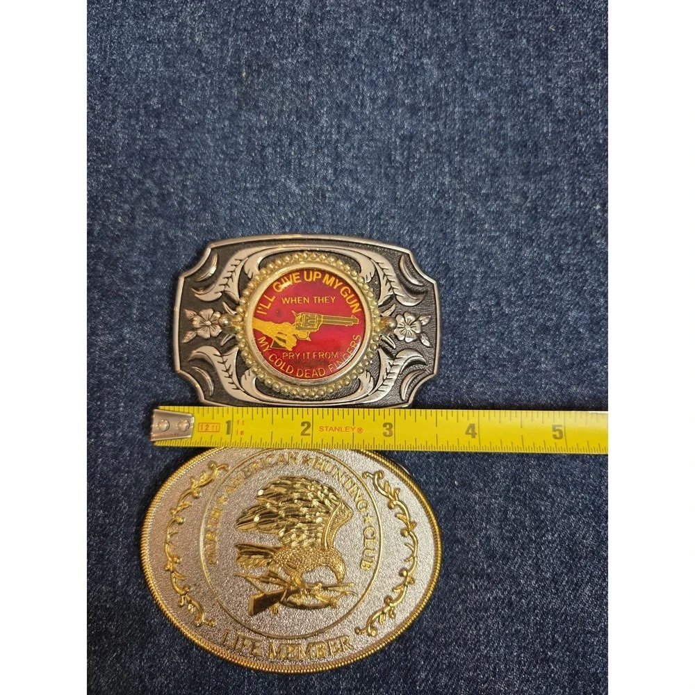 Lot of 2 Hunting Club & Gun Rights Emblem Belt Buckles - Silver Gold
